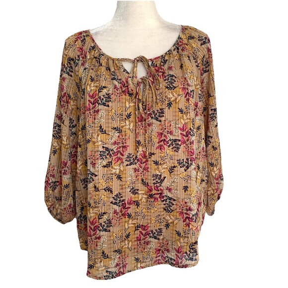 LOFT Women's Top Blouse Size M Blue Golden Brown Pink Floral Tie Neck - Picture 1 of 6